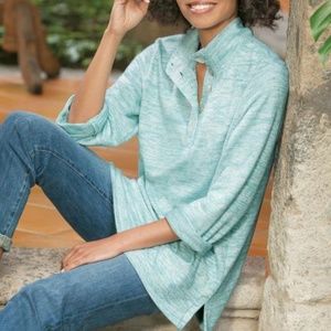 Soft Surroundings | “Touchable Tunic” Pullover Button Sweater in Aqua Blue